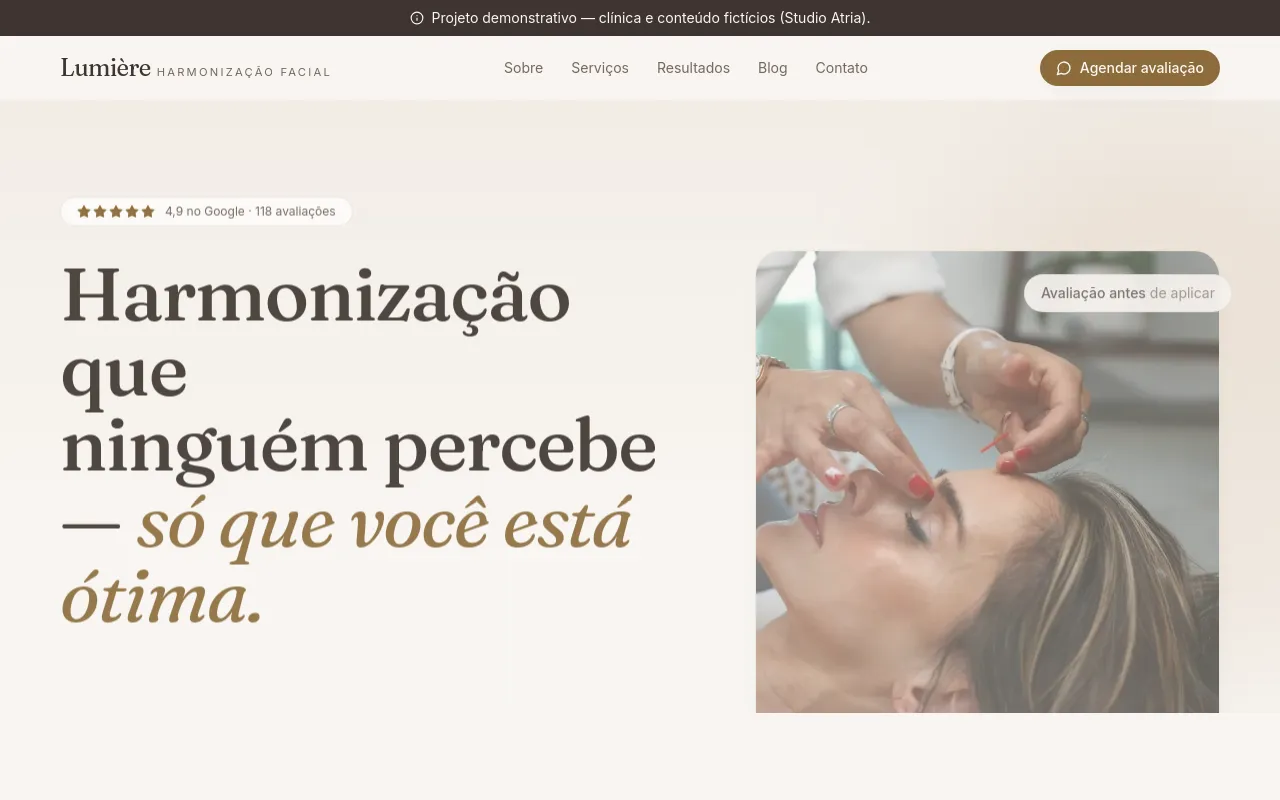 Screenshot do site Lumière — harmonização facial