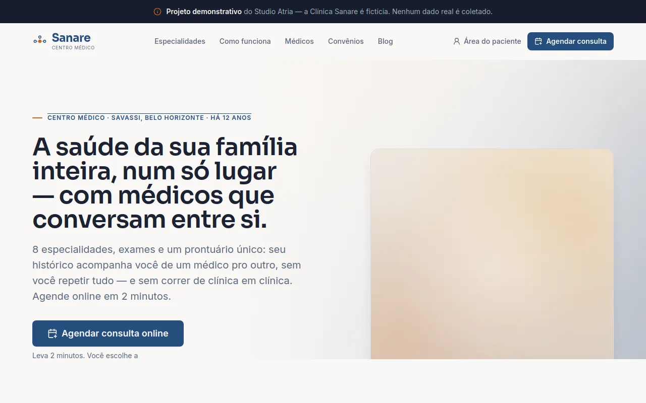 Screenshot do site Sanare — centro médico